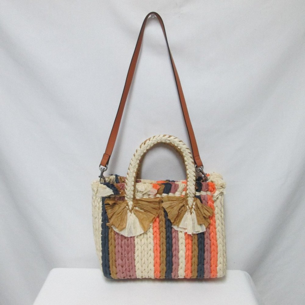 Vince Camuto Emei Woven Paper Satchel Tote Bag Purse removable strap striped NEW - Picture 2 of 14